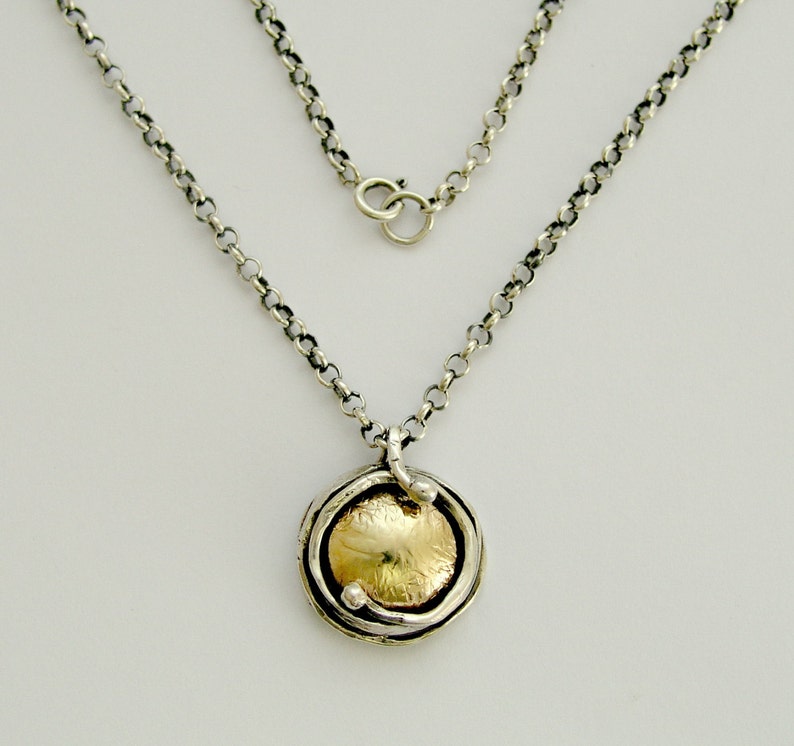 Sterling silver necklace, hammered necklace, yellow gold pendant, oxidized necklace, round casual necklace Walking in circles N8980G image 2