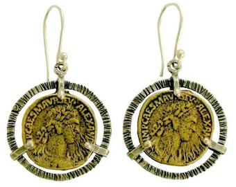 Coin silver earrings, Grooved silver earrings, statement jewel, brass coins, sterling silver dangle earrings - Till the end of time E7844-1