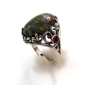 Green jasper ring, statement ring, gemstone ring, garnets, cocktail Ring, sterling silver ring, silver yellow gold ring - Calm Love R2163