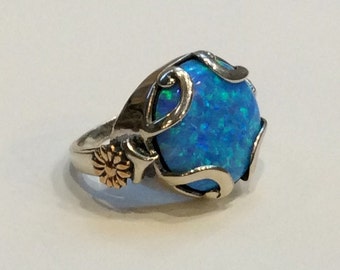 Large Opal ring, Silver Gold Ring, boho ring, blue stone ring, Gemstone ring, statement cocktail ring, floral ring - To feel again R2336