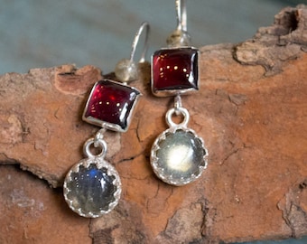 Red garnet earrings, labradorite earrings, sterling silver earrings, gemstone earrings, long earrings, everyday earrings - Thoughtful E8021