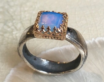 Square ring, opalite ring, statement ring, Crown Ring, silver gold ring, gemstone ring, filigree ring, Victorian ring - White winter R2600