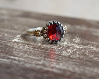 Garnet ring, Engagement ring, simple ring, silver gold ring, floral ring, crown ring - The magic moment R2264