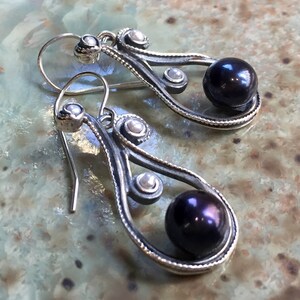 Black Pearl earrings, dangle earrings, Sterling silver earrings, long silver earrings, white pearl earrings, simple - Magic Of Love - E8052