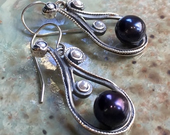 Black Pearl earrings, dangle earrings, Sterling silver earrings, long silver earrings, white pearl earrings, simple - Magic Of Love - E8052