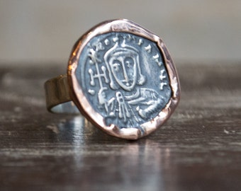 Coin ring, Rose gold silver ring, boho ring, gypsy ring, hippie ring, ethnic ring, two-tone ring, tribal ring, silver ring - Epic  R2270