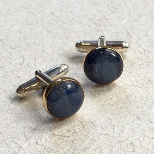 Kyanite cuff links, mens gift, Two tone cuff links, Silver gold cuff links, round cuff links, unique bohemian cuff links Blue Light C8000 image 2