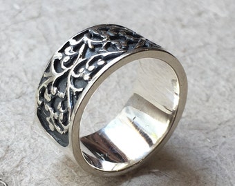Sterling Silver band,  Filigree ring, wedding band, statement ring, art nouveau ring, unisex band, wide silver band, oxidized - Karma R1146S