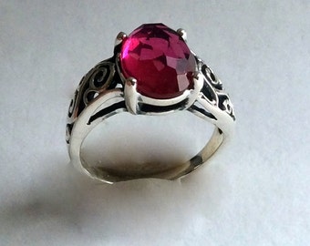 Pink fuchsia quartz ring, ornate cocktail sterling silver ring - A Celebration R2219