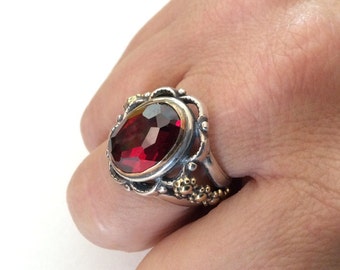 Garnet ring, Two-tone Ring, engagement ring, gold silver ring, yellow gold floral ring, two toned ring, red stone  - Love me tonight R2173