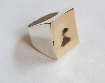 Square ring, Twotone Ring, Statement Ring, silver gold Ring, Bohemian Ring, Chunky Ring, modern jewelry, Large ring - Geometric - R2263G