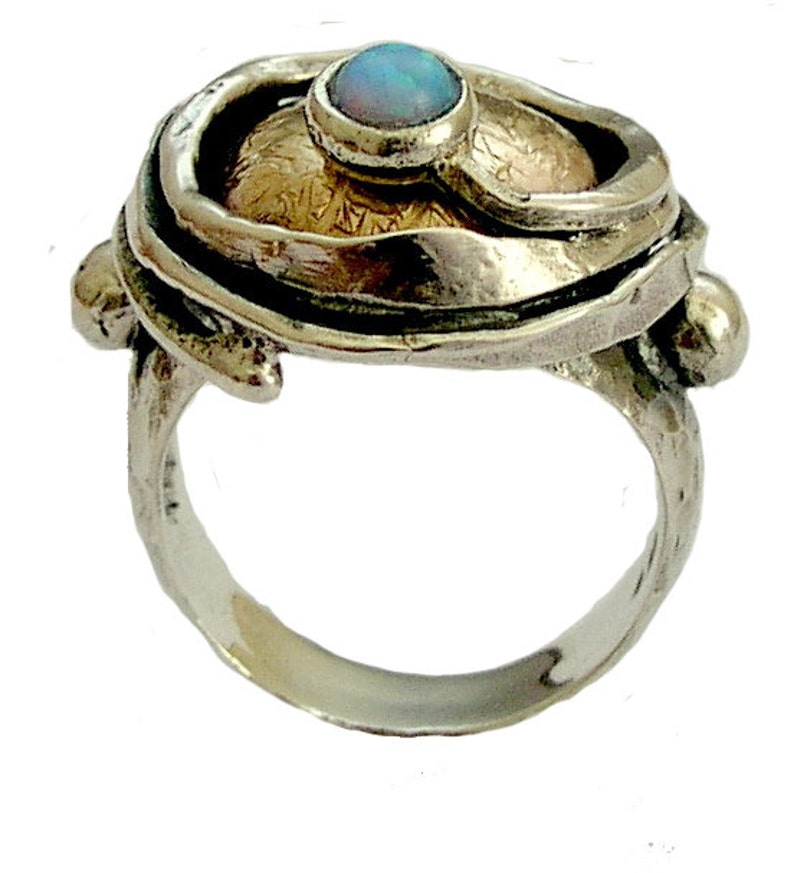 Opal Ring, hammered gold silver ring, statement ring, two tones ring, cocktail ring, blue gemstone coil ring A place under the sun R1470X image 1