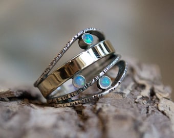 Multistone ring, silver gold ring, family ring, two tone ring, Mothers band, modern ring, Boho Ring, - What makes you smile 2 - R1237-1