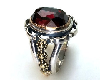 Garnet ring, gold silver ring, Two-tone Ring, yellow gold floral ring, engagement ring, two toned ring, red stone  - Love me tonight R2173