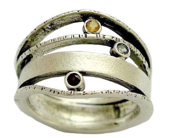 Family birthstones ring, Sterling Silver Ring, mothers ring, multistone ring, garnet citrine blue topaz ring - What makes you smile. R1237