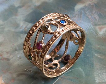 Solid Yellow Gold wedding Band, gypsy ring, multistones band, boho birthstone ring, dainty ring, 14k gold ring - Shades of spring RG1267