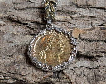 Sterling silver Necklace, leaves necklace, Coin necklace, silver bronze pendant, boho necklace, statement necklace - Be there  N2012
