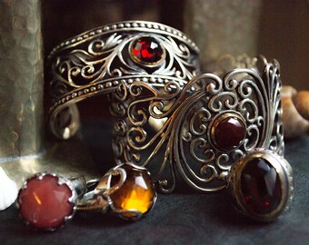 Garnet cuff, Gypsy jewelry, statement cuff, Wide Cuff,  bohemian cuff, silver gold cuff, filigree bracelet - Because you're mine B3000