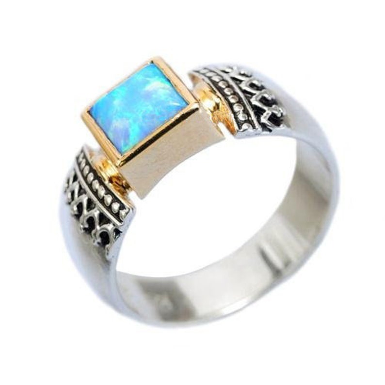 boho gypsy ring Triumph R0184 gold silver ring hippie ring Blue Sapphire ring two tone ring Square stone Silver engagement ring