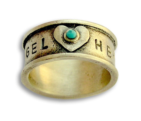 Sterling Silver Ring, promise ring, valentines ring, December birthstone ring, hand stamped band, turquoise ring band-  Angel heart R1572