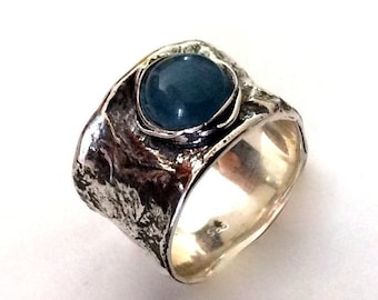 Silver nest ring, blue stone, wide band, engagement ring, unisex band, sterling silver ring, milky aquamarine ring - Love me tender R2158