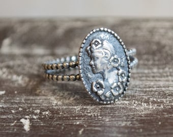 Silver cameo ring, woman head ring, flowers ring, simple silver ring, boho ring, unique ring for her, bohemian - The woman R2259