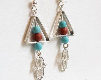 Hamsa earrings ∙ Silver earrings ∙ Hand of Fatima earrings ∙ Long earrings∙ Turquoise  boho earrings ∙ Gemstone earrings - Purpose - E8022