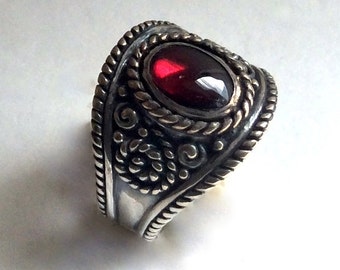 Garnet Ring, silver ring, gemstone ring, bohemian ring, Tibetan ring, gypsy ring, ornate ring, wide band, boho - The Real Thing R2220