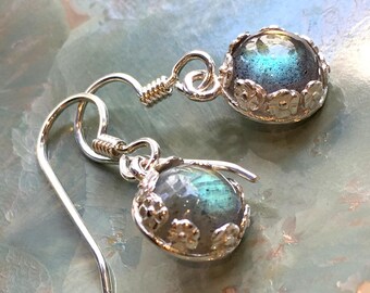 Labradorite earrings, silver earrings, floral earrings, Crown earrings, dangle earrings, woodland earrings, botanical earrings - Julie E8081