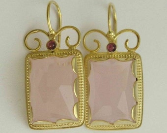 Solid gold earrings, Bridal rose quartz earrings, stone earrings, garnet earrings, wedding earrings, drop earrings - Once upon a time EG8837