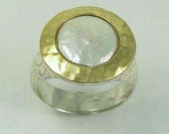 Two tones ring, coin pearl ring, hammered ring, Sterling Silver Gold Ring, engagenment single coin pearl ring - White fields forever R1235