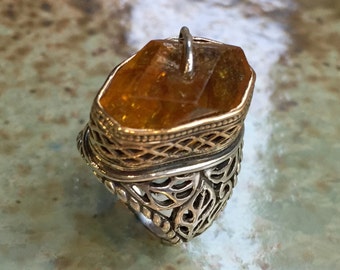 OOAK ring, Yellow quartz ring, organic ring, boho ring, hippie ring, cocktail ring, silver gold ring, two tones ring - Lady Midnight R2430