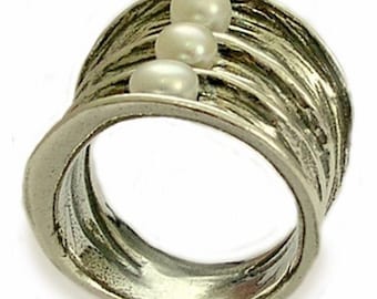 Pearls ring, Sterling Silver Statement ring, wide silver band, cocktail ring, chunky silver ring - Bubbling emotions 2  R1483-2