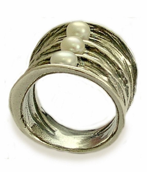 Fresh water pearls ring Sterling Silver Statement ring wide Etsy