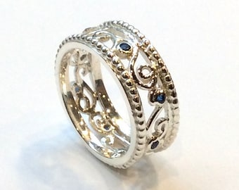 Blue sapphires Ring, sterling silver ring, blue stones band, wide band, multi stones ring, delicate ring, ornate ring - Fly in circles R2335