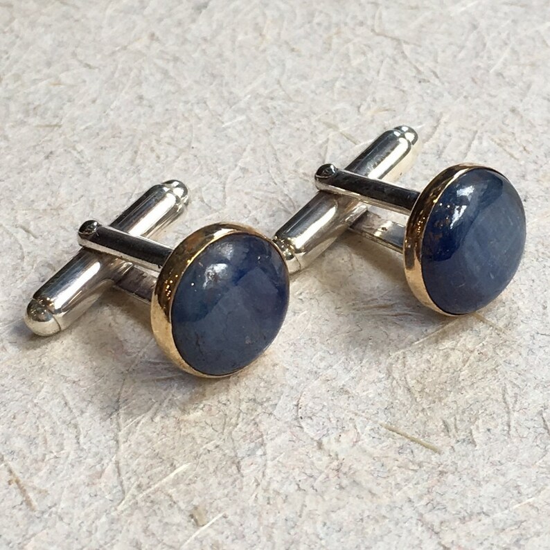 Kyanite cuff links, mens gift, Two tone cuff links, Silver gold cuff links, round cuff links, unique bohemian cuff links Blue Light C8000 image 3