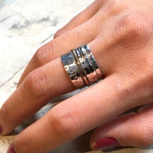 Two toned Wide band, sterling silver ring, hammered band, asymmetric ring, unisex ring, silver gold ring, boho ring - Another place R2510
