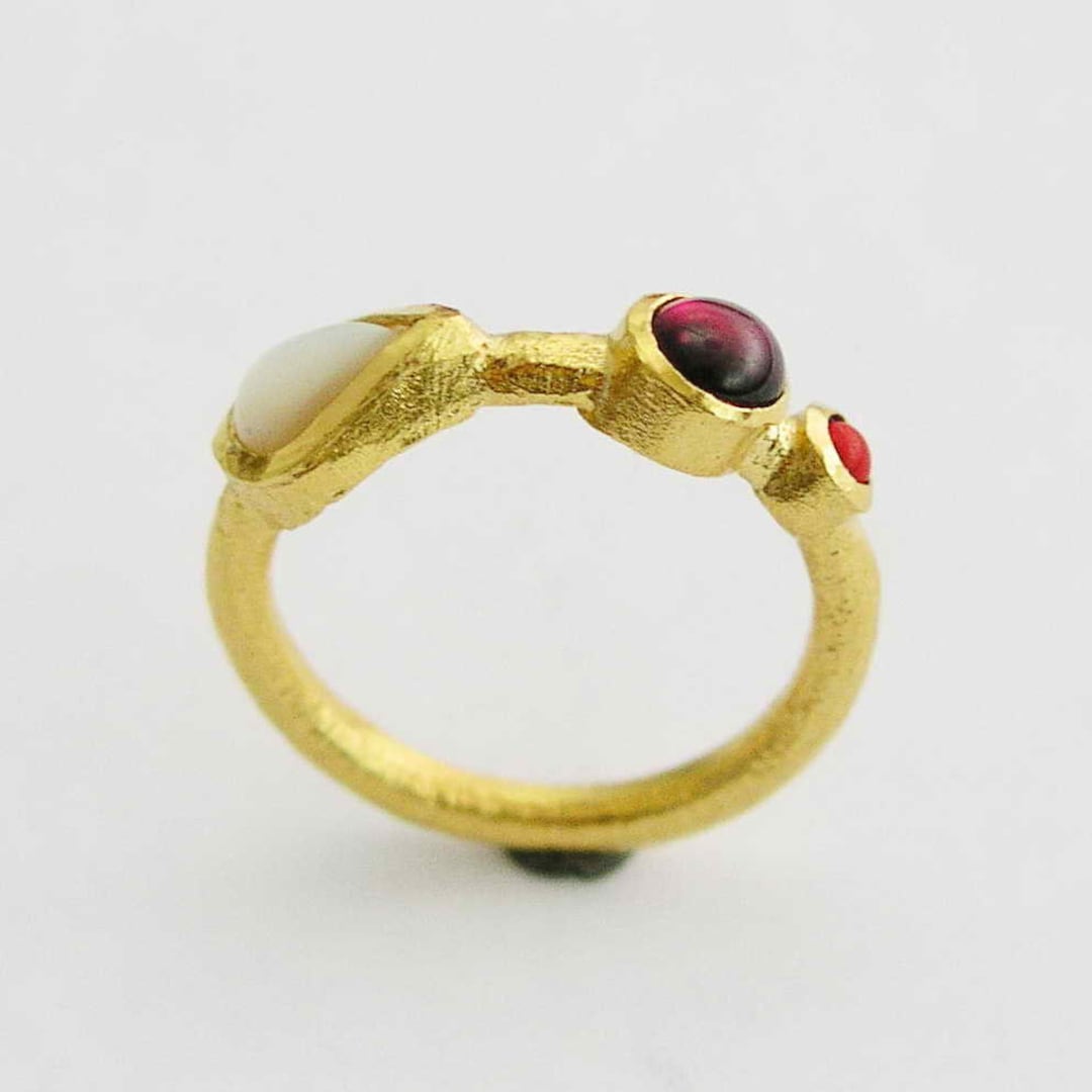 14K Gold Ring, Yellow Gold Ring, Shell Ring, Garnet Ring, Coral Ring ...
