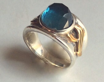London blue topaz Ring, engagement ring, Boho ring, Silver ring, gemstone ring, two tone gypsy ring - I will follow R2210
