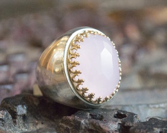 Rose quartz ring, Gemstone Ring, silver ring, gold ring, twotones ring, statement ring, cocktail ring , Pink ring - Too much in love R1113XH