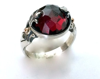 Garnet ring, silver gold ring, January birthstone, fleur de lis ring, engagement ring, two tones ring, gemstone ring - To be alive R2182