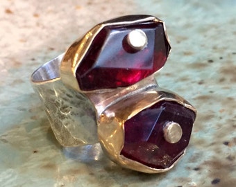 Cherry Pink ring,  fuchsia quartz cocktail silver gold OOAK ring - Half crazy R2435