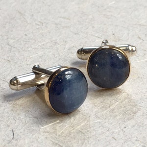 Kyanite cuff links, mens gift, Two tone cuff links, Silver gold cuff links, round cuff links, unique bohemian cuff links Blue Light C8000 image 1