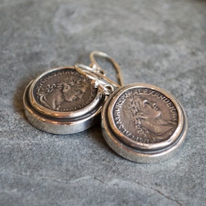Antique coin earrings, round dangle earrings, oxidized silver earrings, sterling silver earrings, antique style earrings - Retrospect E7872