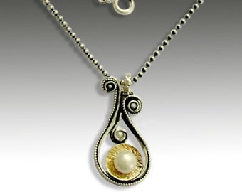 Silver gold necklace, fresh water pearl necklace, Sterling silver necklace, teardrop pendant, two tones necklace - Little secrets N4638G