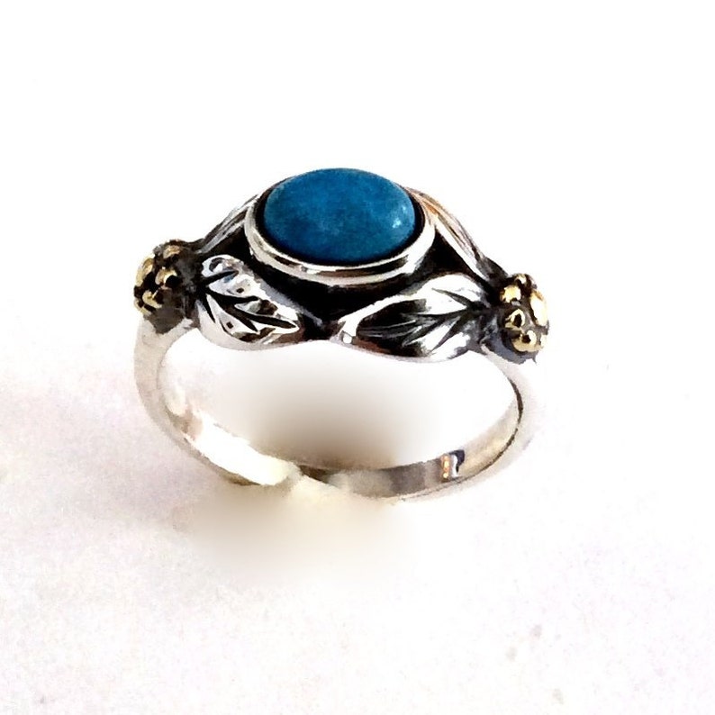 Gold Silver Ring, turquoise ring, gemstone ring, birthstone ring, Two tones ring, leaves ring, botanical ring Wonder R2185 image 2
