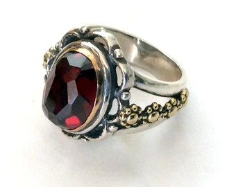 Garnet ring, gypsy Ring, Statement ring, flower ring, silver engagement ring, gold silver ring, two tone ring - Love me tonight R2173