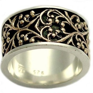 Sterling Silver Gold Ring, two-tone filigree ring, wedding band, unisex band, wide band - Karma  R1146