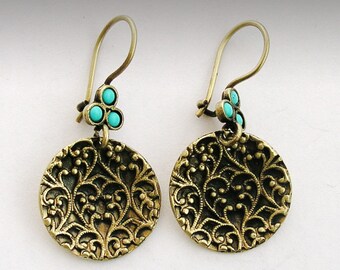 Filigree earrings, brass earrings, turquoise stone earrings, oxidized earrings, dangle earrings, lace. - Merchant Of Venice - EK2096