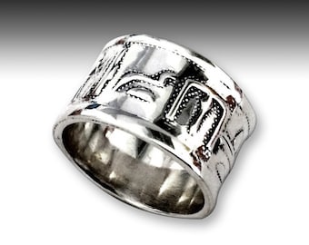 Wide silver band, Egyptian motifs band, bird ring, wedding band, sterling silver band, shiny band, unisex band - Egyptian Look R2146